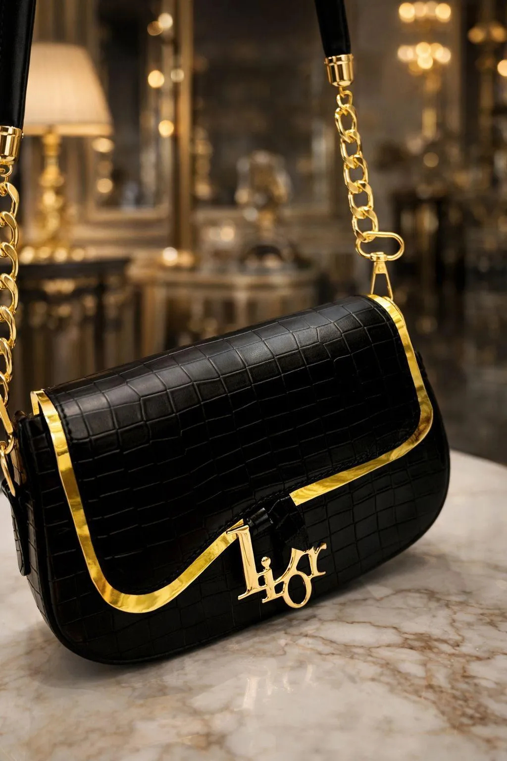 Black Crocodile Rexine Shoulder Bag for Girls - Image 2