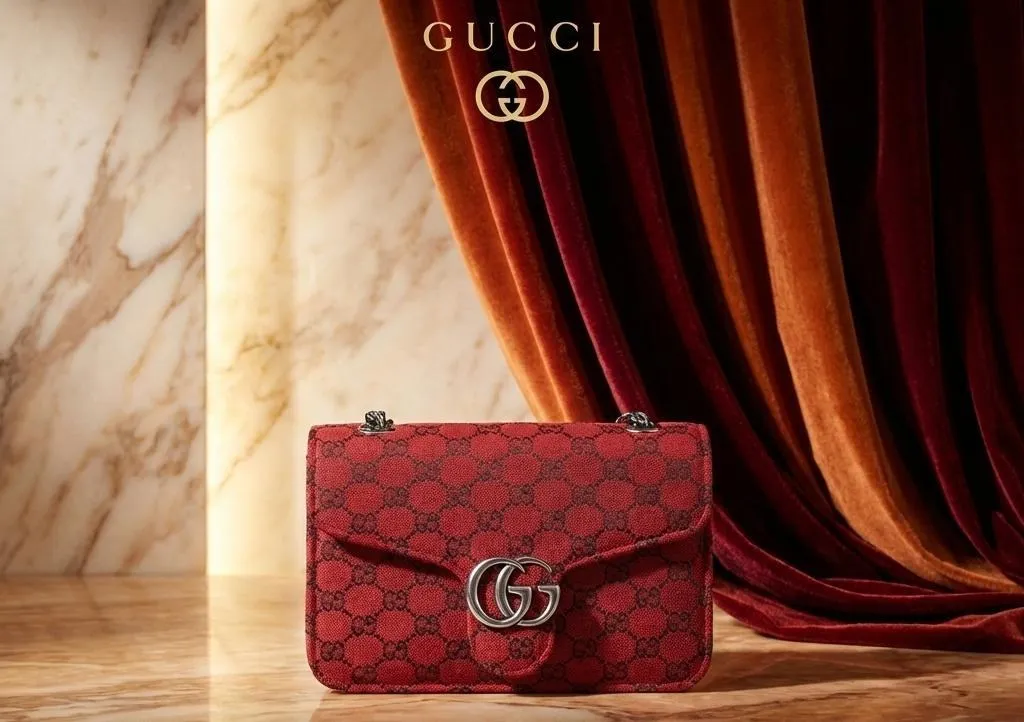 Red Velvet Printed Gucci Girl's Shoulder Bag with Chain Strap - Image 3