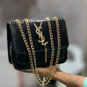 Black Croc Leather Shoulder Bag with Gold Chain for Women