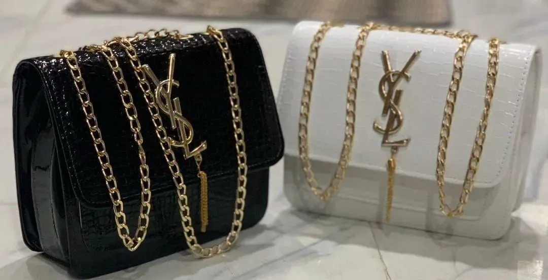 Black Croc Leather Shoulder Bag with Gold Chain for Women - Image 3