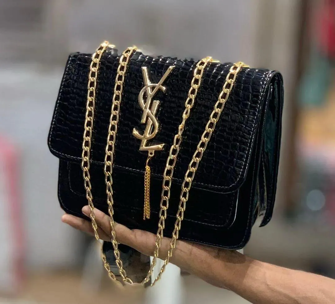 Black Croc Leather Shoulder Bag with Gold Chain for Women - Image 4