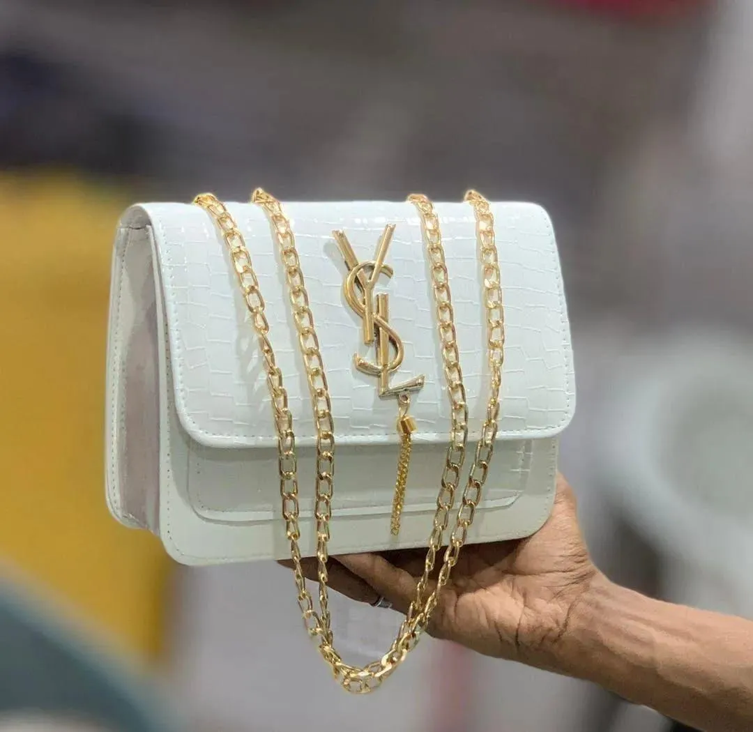 Black Croc Leather Shoulder Bag with Gold Chain for Women - Image 5