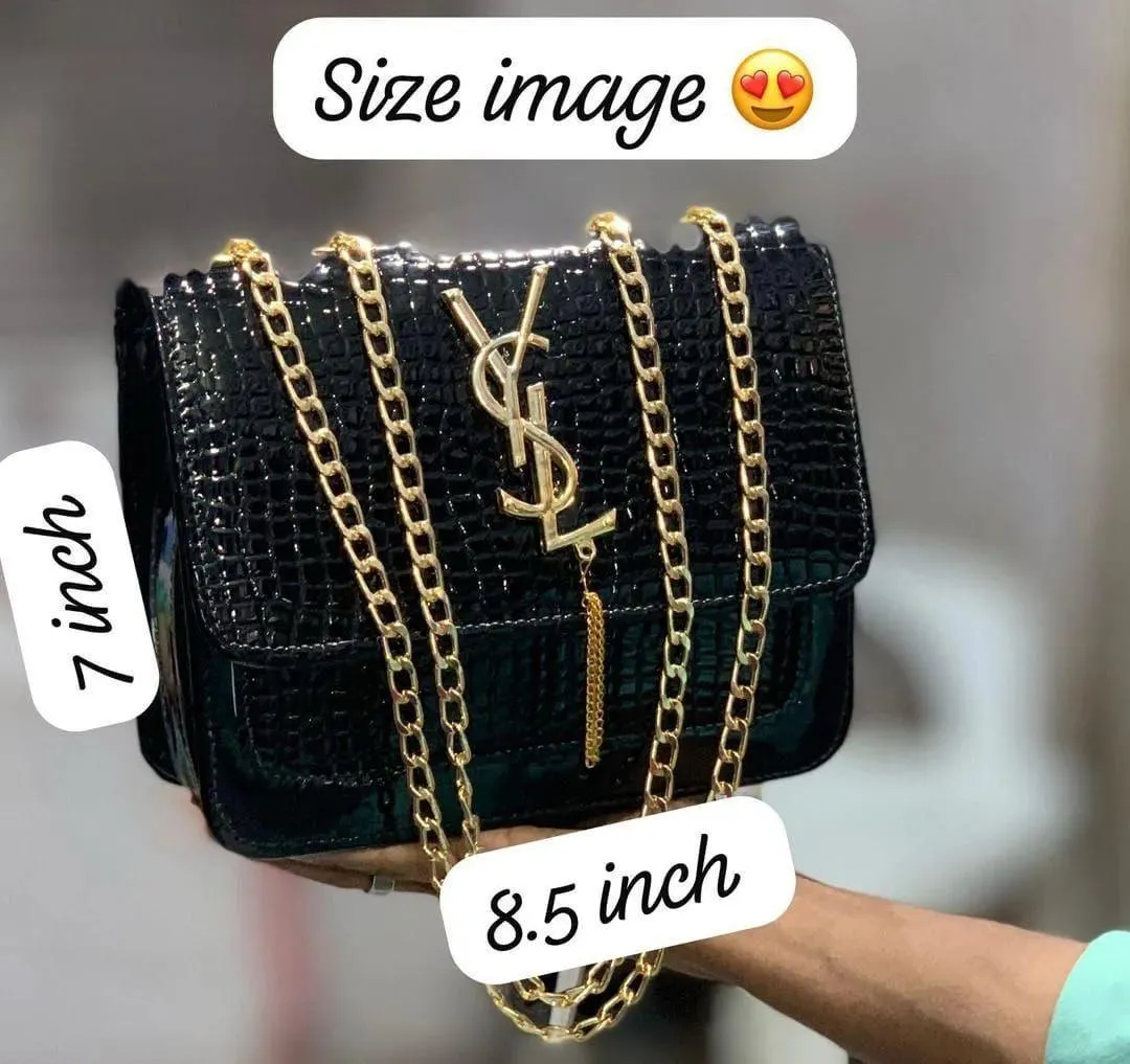 Black Croc Leather Shoulder Bag with Gold Chain for Women - Image 6