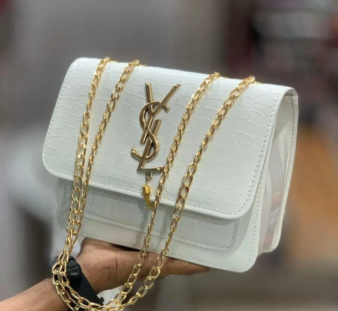 Black Croc Leather Shoulder Bag with Gold Chain for Women - Image 7