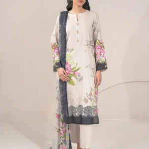 3-Piece Linen Floral Suit Off-White with Dupatta