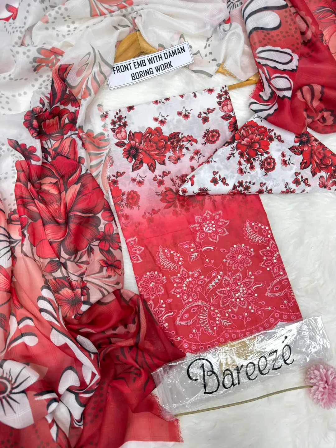 Red Printed Lawn 3Pcs Women Suit Set - Image 2