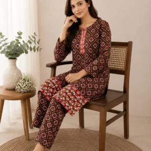 Women's Red Printed 2-Piece Polo Cotton Suit Set