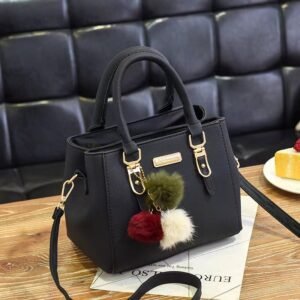 Black Women's Handbag with Pom Pom Charm Shoulder Crossbody
