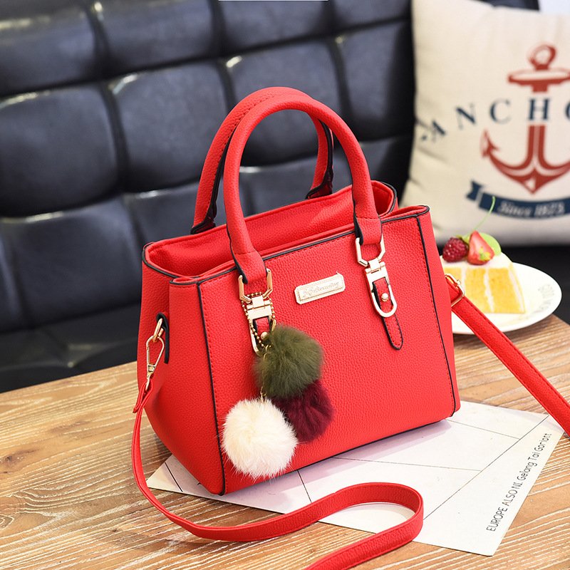 Black Women's Handbag with Pom Pom Charm Shoulder Crossbody - Image 2