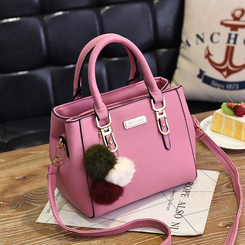 Black Women's Handbag with Pom Pom Charm Shoulder Crossbody - Image 3