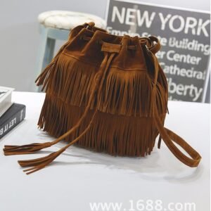 Khaki Velvet Tassel Drawstring Bucket Bag for Women
