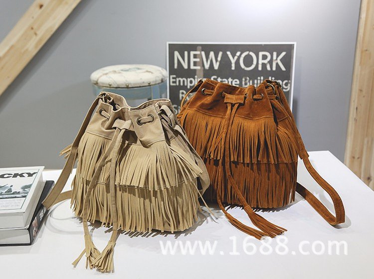 Khaki Velvet Tassel Drawstring Bucket Bag for Women - Image 2