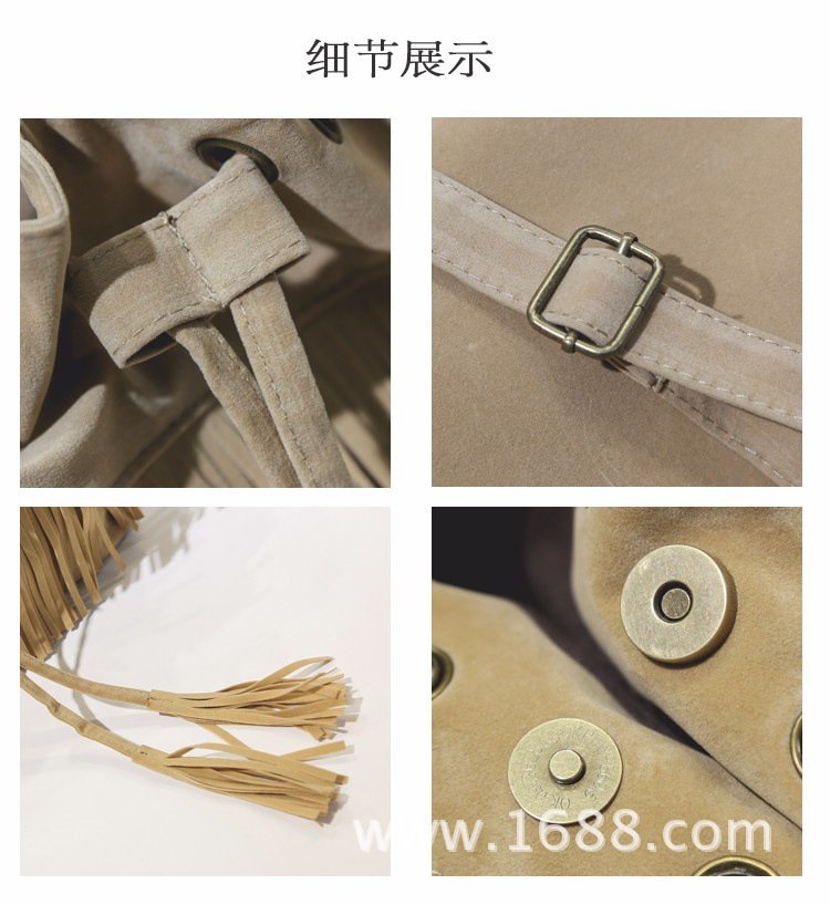 Khaki Velvet Tassel Drawstring Bucket Bag for Women - Image 3