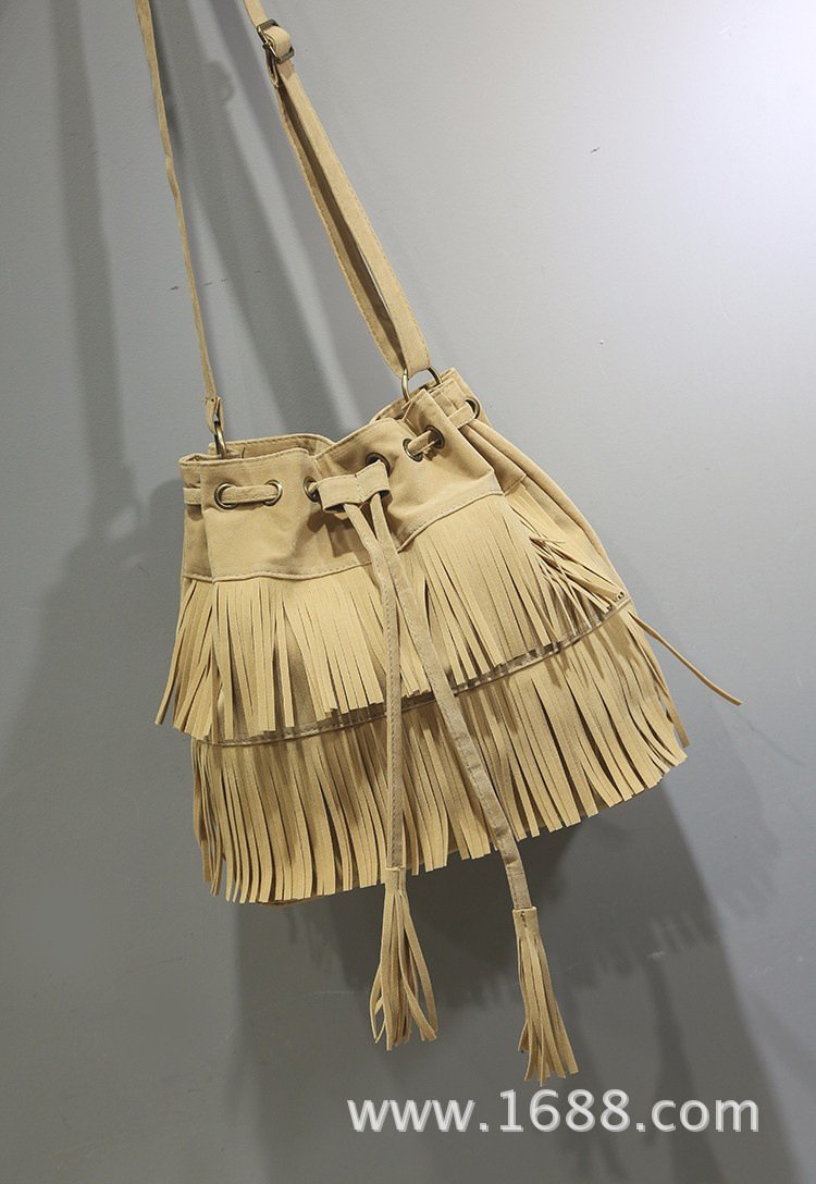 Khaki Velvet Tassel Drawstring Bucket Bag for Women - Image 5
