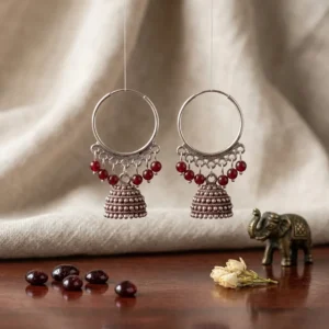 Silver Plated Funky Jhumka Earrings for Women 2 Pcs ( Red & Green Color Opt.)