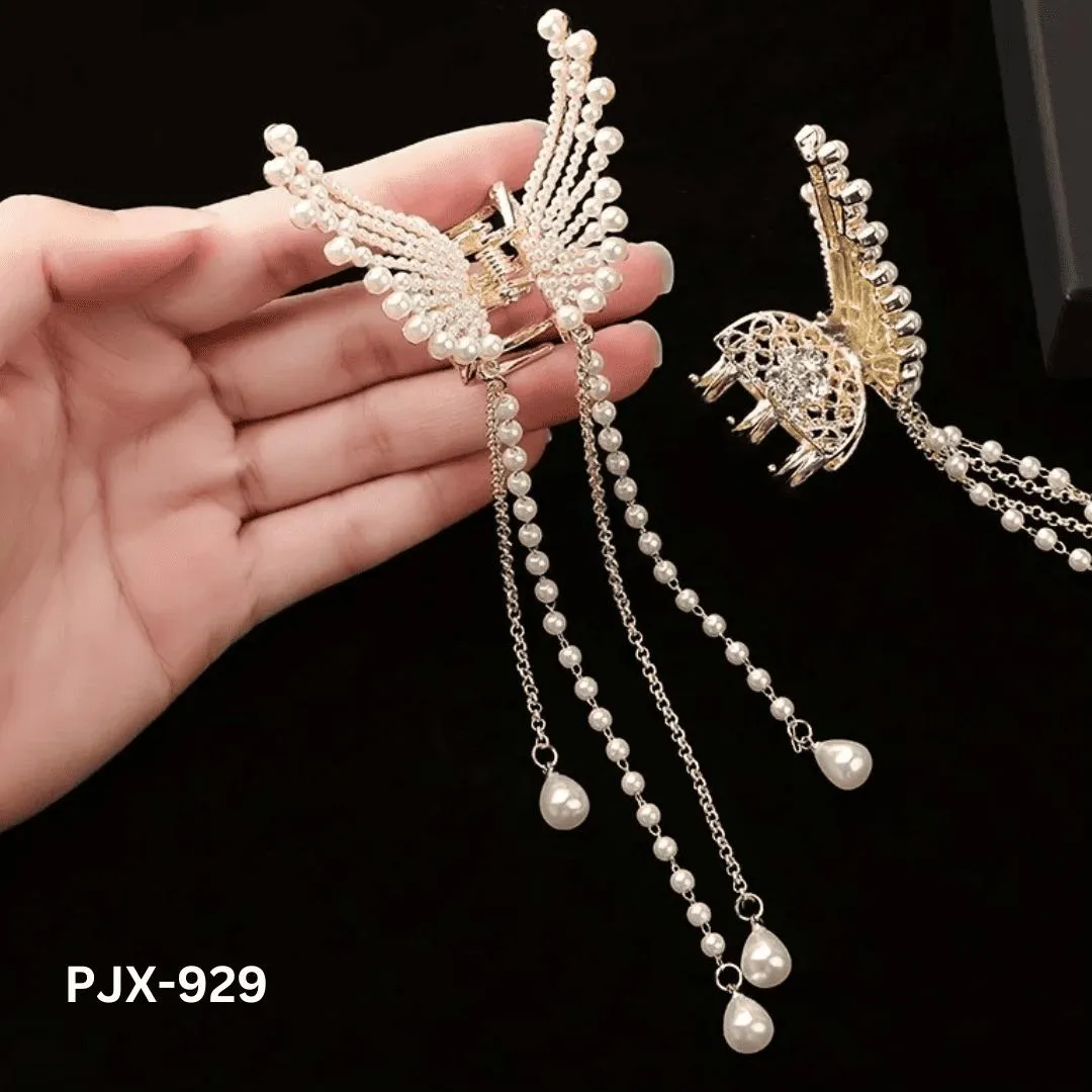 Butterfly Hair Claw with Zircon & Pearl Tassels Silver Gold - Image 2