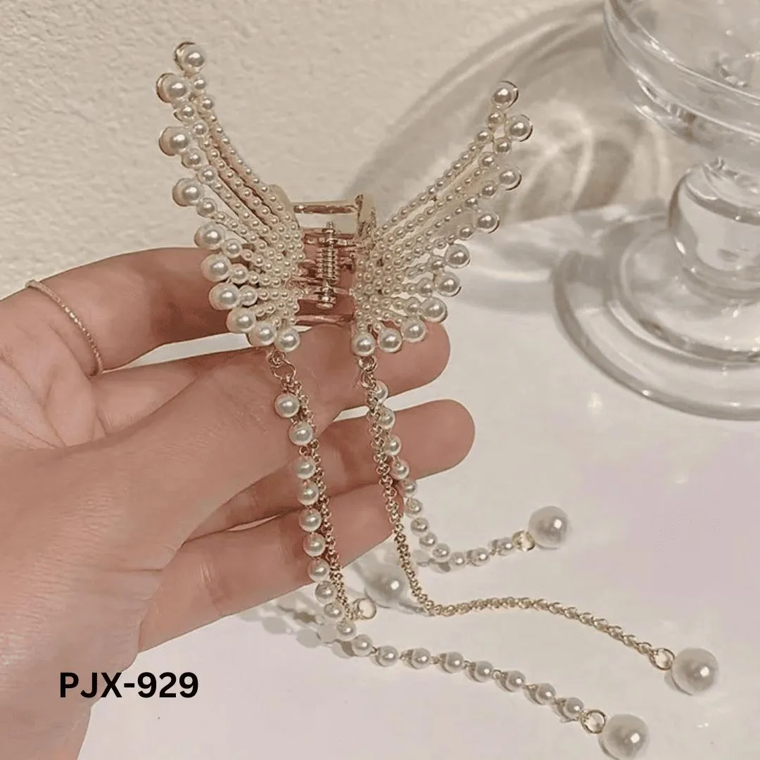 Butterfly Hair Claw with Zircon & Pearl Tassels Silver Gold - Image 3