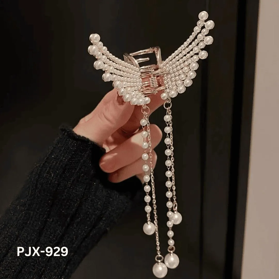 Butterfly Hair Claw with Zircon & Pearl Tassels Silver Gold - Image 5