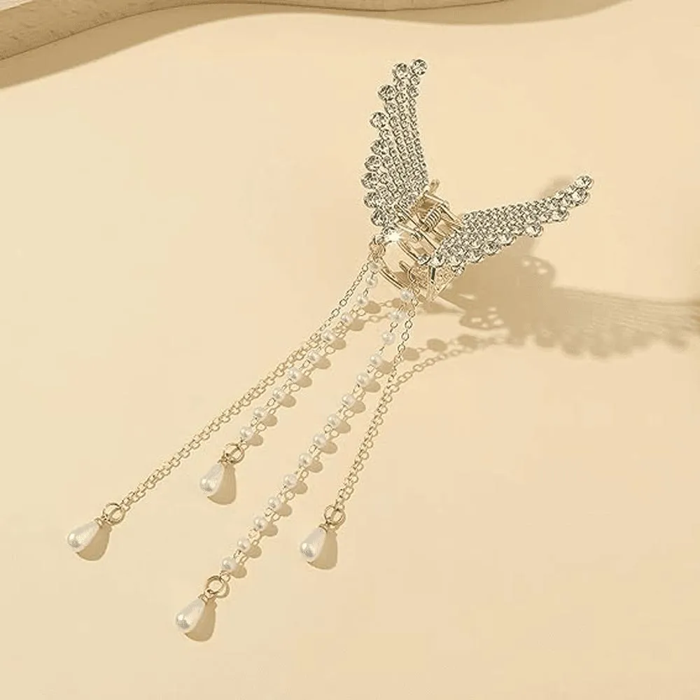 Butterfly Hair Claw with Zircon & Pearl Tassels Silver Gold - Image 6