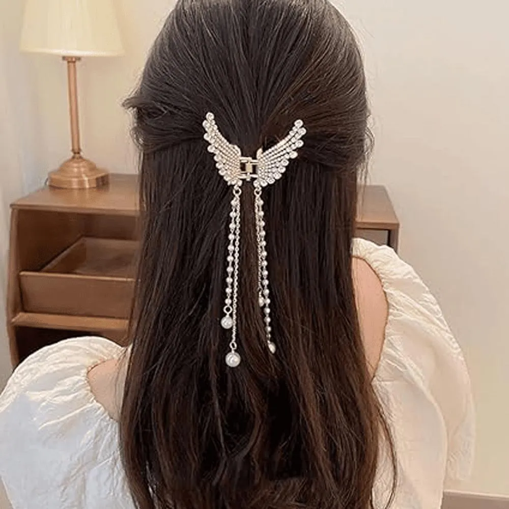 Butterfly Hair Claw with Zircon & Pearl Tassels Silver Gold - Image 7