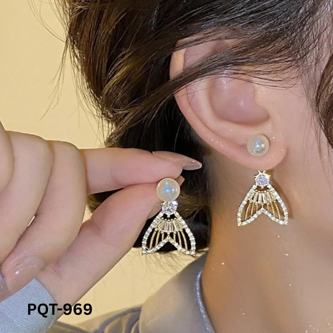 Fish Tail Pearl Zircon Earrings Gold Plated - Image 2