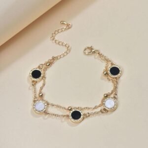 Gold Toned Black White Charm Bracelet for Women