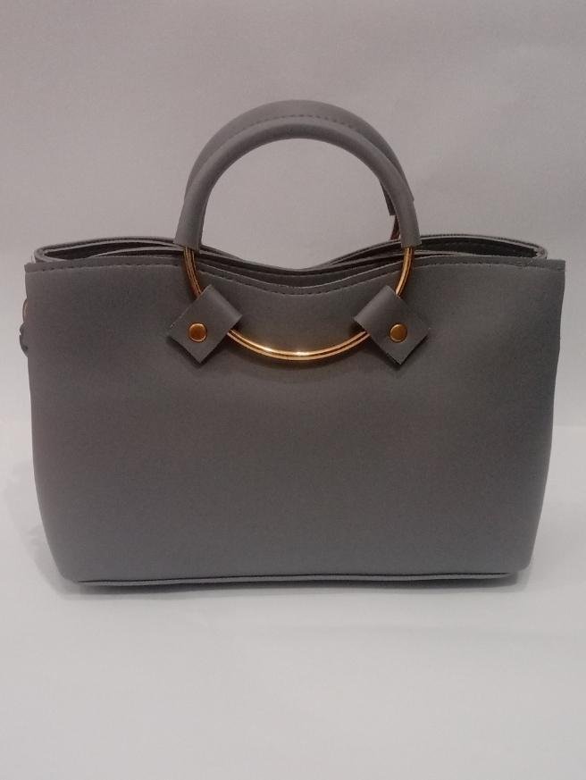 Grey Rexene Top Handle Bag with Gold Hardware & Chain Strap - Image 2