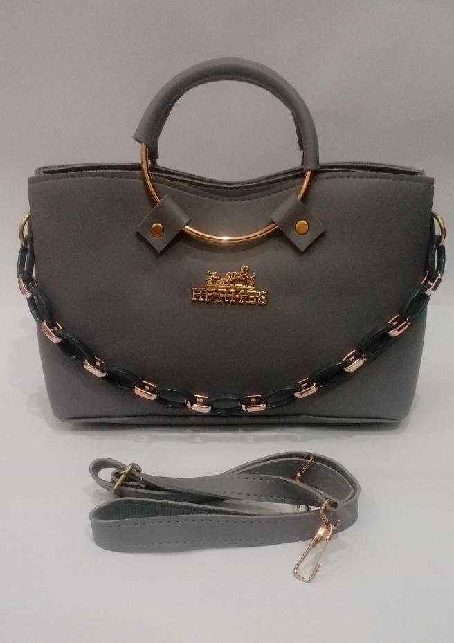 Grey Rexene Top Handle Bag with Gold Hardware & Chain Strap - Image 3