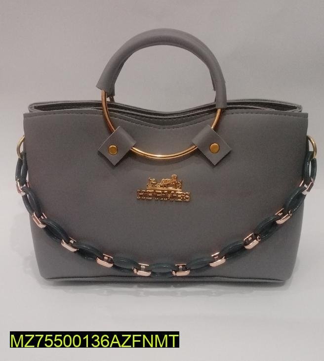 Grey Rexene Top Handle Bag with Gold Hardware & Chain Strap - Image 4