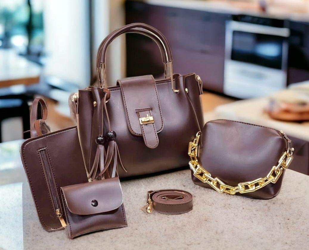 4-Piece Leather Handbag Set for Girls Maroon Black Brown - Image 7