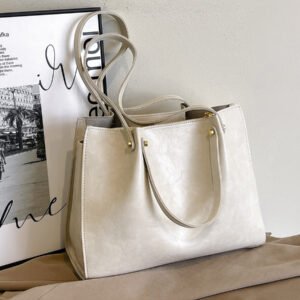 Cream Textured Women's Tote Bag with Gold Hardware