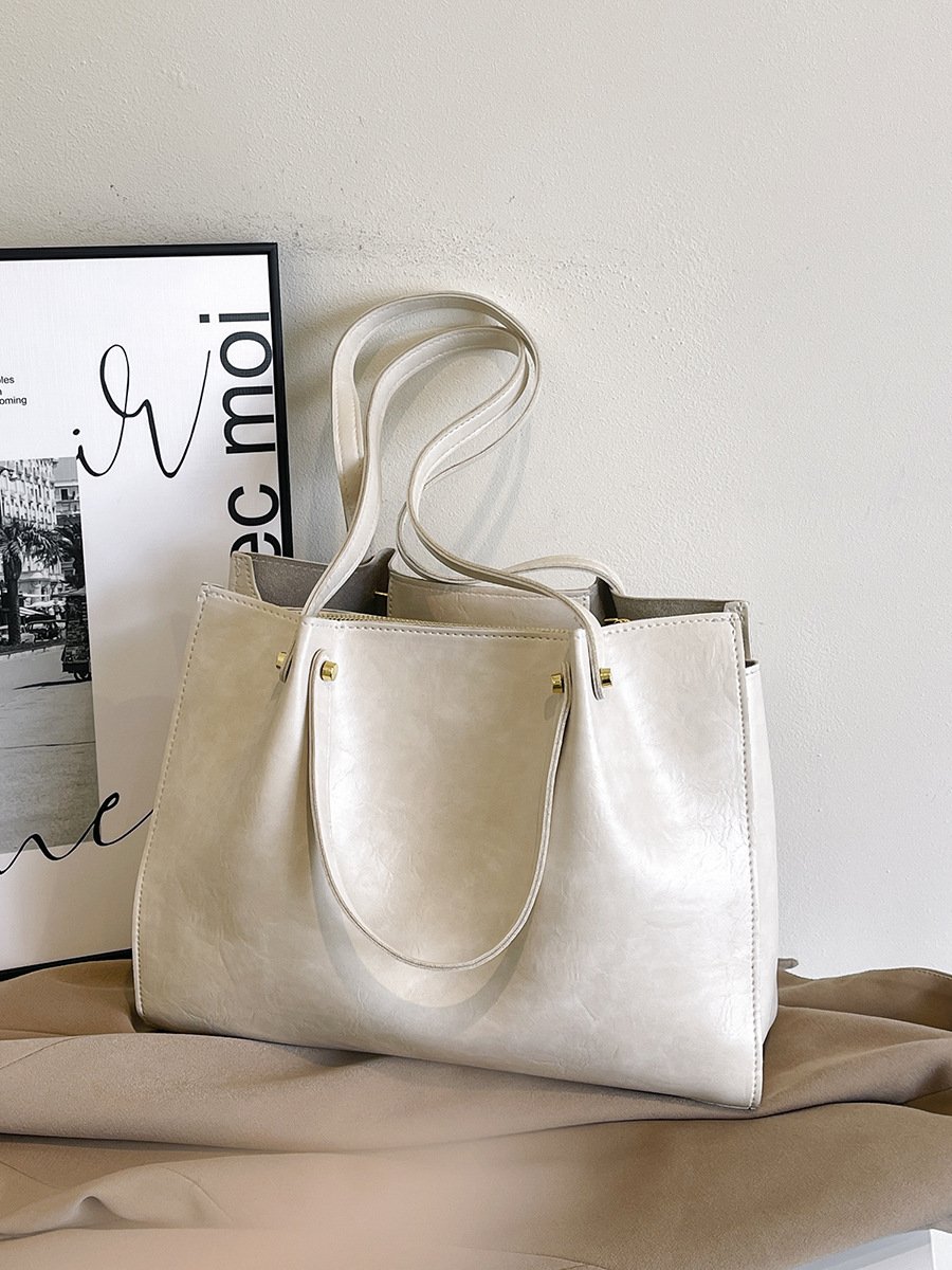 Cream Textured Women's Tote Bag with Gold Hardware - Image 2