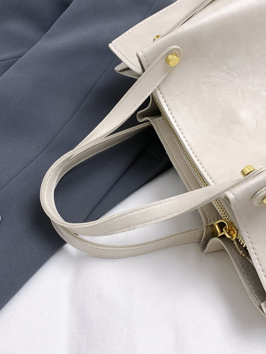 Cream Textured Women's Tote Bag with Gold Hardware - Image 5