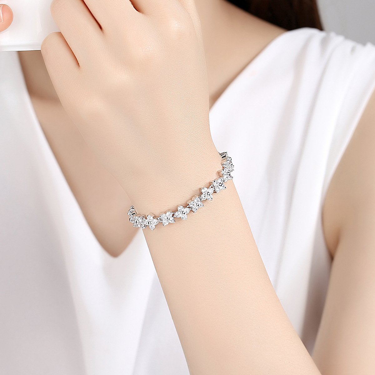 Silver Flower Bracelet for Women with Sparkling Stones - Image 2
