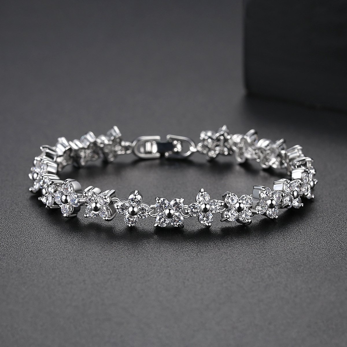 Silver Flower Bracelet for Women with Sparkling Stones - Image 3